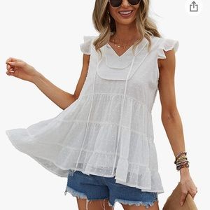 White Swiss dot ruffle sleeve tiered babydoll top